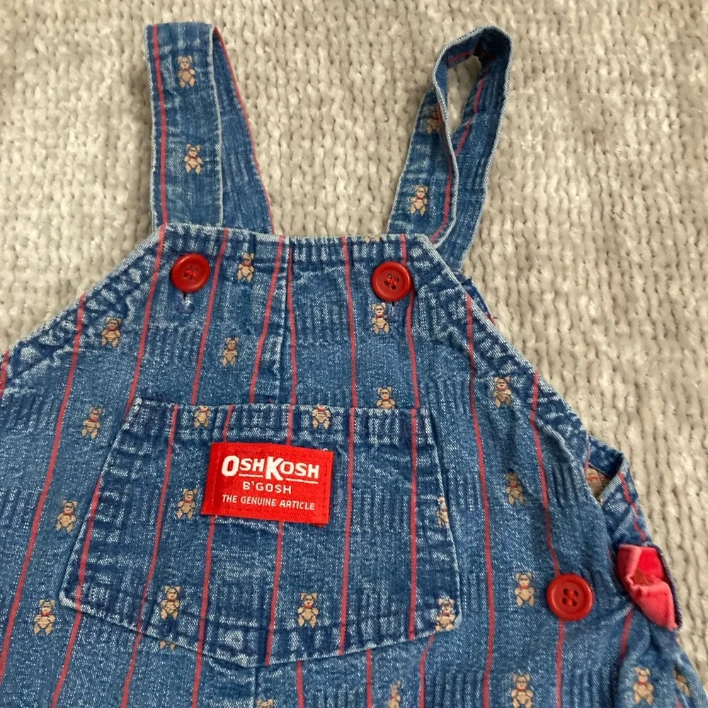 Vintage OshKosh B’Gosh Teddy‎ Bear Overalls 24M Denim Striped USA Made